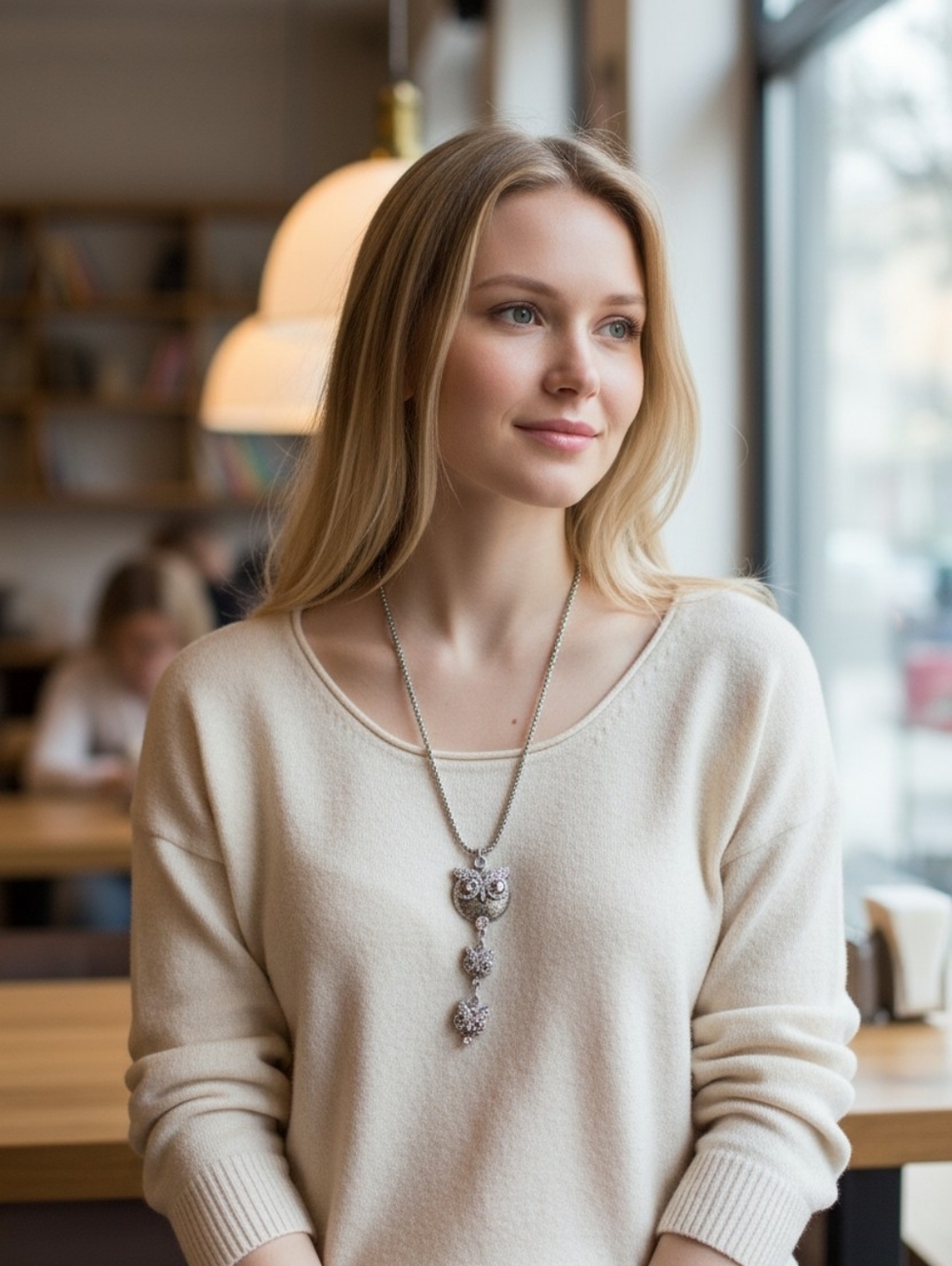 Women's Silver Owl Pendant Necklace with Crystal Accents